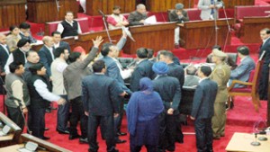 NC and Congress members protesting over flood situation in Legislative Council on Tuesday. — Excelsior/ Rakesh