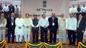 Dignitaries on dais releasing a book during Annual Day celebration by Rashtriya Sanskrit Sansthan on Friday.