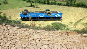 Bus carrying Baratis which rolled down at Kanah in Kathua.