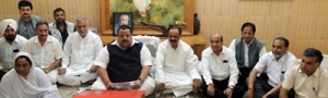 Provincial president National Conference Devender Singh Rana at a meeting of senior party functionaries at Sher-e-Kashmir Bhavan.