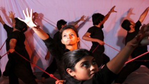 A scene from multilingual play ‘The Latest Colony’ staged by Natraj Kunj in Matrika Auditorium, SMVDU, Katra.