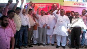 BJP leaders at a party rally at Bishnah on Sunday.