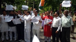 NPP leaders and activists protest outside Pak embassy in Delhi on Sunday.