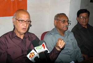 VHP leaders at a press conference at Jammu on Saturday. -Excelsior/Rakesh