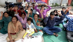 Home Guards raising slogans during protest at Jammu on Monday. -Excelsior/Rakesh	