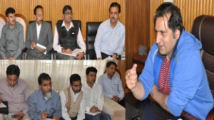 Minister for Animal and Sheep Husbandry Sajad Gani Lone chairing a meeting at Srinagar on Friday. 