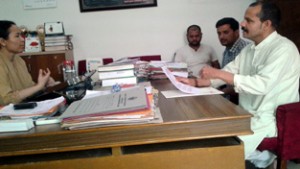 State president, JKNPP, Balwant Singh Mankotia, during a meeting with Additional Commissioner, Rehana Watal on Thursday.
