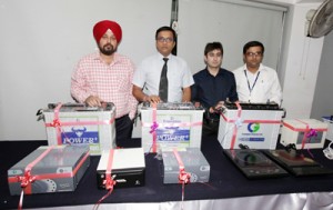 Senior Managers from Crompton & Greaves Ltd launching new inverter and battery during function in  Jammu on Saturday.