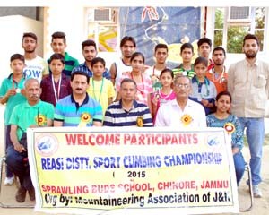 Former MLA, Ashwani Sharma posing along with climbers and officials during Reasi District Sport Climbing Championship in Jammu.