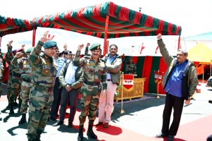 Defence Minister Manohar Parrikar and Army chief Gen Dalbir Singh at Siachen base on Friday.