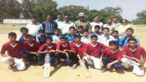 Winners posing along with the dignitaries during District Level Tennis Ball Cricket Tournament in Reasi.