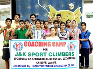 Climbers posing along with dignitaries during concluding function of sport climbing camp in Jammu on Monday.