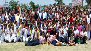Medal winners of Speedball Championship posing for a group photograph at M V International School in Samba.