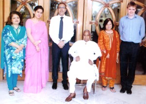 Chairman KC Public School, Sudershan Mahajan and Principal, Amarendra Kumar Mishra and other dignitaries posing along Coordinator from Skipton High School, James Hoyle.