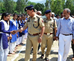 Chief guest Sanjay Singh Rana, ASP Reasi, DySP Reasi, Mohan Sharma and DYSSO Reasi, Dr SS Chib interacting with players during concluding function of Inter-Zonal tournament at Reasi on Saturday.