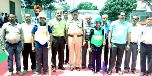 Chief guest, Dr H S Rana and other dignitaries posing for a group photograph while inaugurating Silambam and Speedball Championships in Reasi.