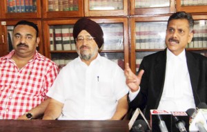 Abhinav Sharma interacting with media persons at Jammu on Tuesday. TS Wazir and Rakesh Gupta are also seen in the picture.     —Excelsior/Rakesh