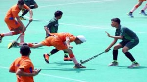 Players in action during a match of 5th Hockey India Sub Junior National Championship in Jammu.