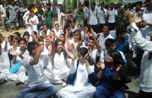 College students protesting against semester system of examinations on Thursday.