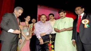 Union Minister, Dr Jitendra Singh during the launch of three social security schemes at Jammu on Saturday. -Excelsior/Rakesh