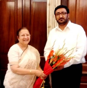 Speaker Lok Sabha Sumitra Mahajan and Chairman J&K Legislative Council Haji Inayat Ali during a meeting at New Delhi.