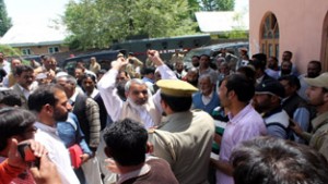 PDP workers protest against absence of MLA Rajpora Haseeb Drabu in Party convention at Town Hall Pulwama.