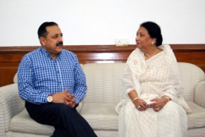 Senior Bangladesh Minister, Ismat Ara Sadique calling on Union Minister Dr Jitendra Singh at his office in New Delhi on Thursday.
