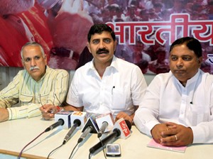 Jugal Kishore Sharma interacting with media persons at Jammu on Thursday. -Excelsior/Rakesh