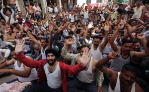 PHE workers raising slogans during protest at Jammu on Thursday. -Excelsior/Rakesh