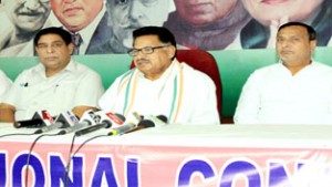 Senior Cong leader P L Punia (MP) addressing press conference in Jammu on Friday.-Excelsior/ Rakesh