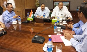 Union Minister Dr Jitendra Singh holding a meeting with Chief Minister of Manipur, Okram Ibobi Singh and senior officers of State administration at Imphal.