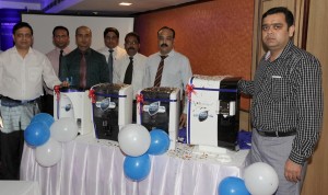 Officials of Aquaguard Water Purifier during launch of new models in Jammu on Wednesday. -Excelsior/Rakesh