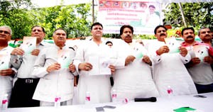 PCC leaders Raman Bhalla and others launching membership drive in Jammu East on Wednesday.