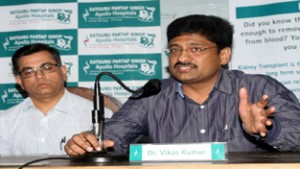 Officials of SPS Hospitals Ludhiana interacting with media persons at Jammu on Tuesday. -Excelsior/Rakesh