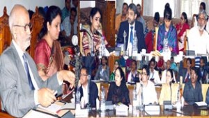 Minister for Education, Naeem Akhtar speaking during a function at Srinagar on Thursday.