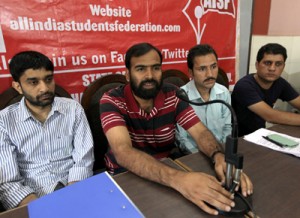 National general secretary, AISF, Vishwajeet Kumar alongwith others, addressing a press conference at Jammu on Saturday. -Excelsior/Rakesh