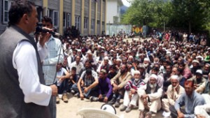 Former Minister and Ex-MLA, Mohd Sharief Niaz addressing a protest rally at Bhaderwah on Tuesday.