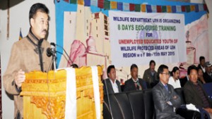 Chief Executive Councilor LAHDC, Leh Rigzin Spalbar speaking during Eco-Guide Training Programme on Friday.