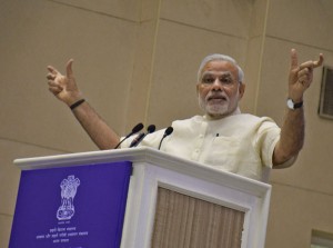 Prime Minister Narendra Modi addressing a gathering in New Delhi on Thursday. (UNI)