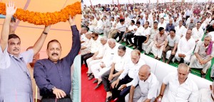 Union Ministers Nitin Gadkari and Dr Jitendra Singh waving to the people at a function at Kathua on Friday. -Excelsior/Rakesh