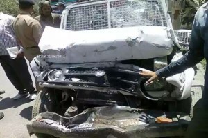 The ill-fated vehicle after accident at Chanderkote in district Ramban. -Excelsior/Pervaiz