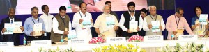 Prime Minister Narendra  Modi, Union Urban Development Minister M Venkaiah Naidu and other dignitaries including J&K Deputy Chief Minister Dr Nirmal Singh at the launch of smart cities and AMRUT projects in New Delhi on Thursday.
