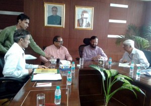 Dy Chief Minister Dr Nirmal Singh during meeting with Union Minister for Environment Prakash Javadekar at New Delhi on Thursday.