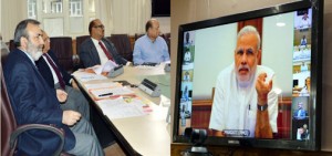 Prime Minister Narendra Modi during video conferencing with Union Secretaries and Chief Secretaries on Wednesday.