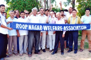 JDA Housing Colony residents protesting at Roop Nagar on Wednesday.