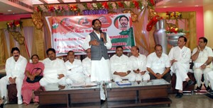 PCC president G A Mir addressing Congress executive committee members in Jammu on Monday. -Excelsior/Rakesh