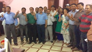 Newly elected office bearers of All J&K Plus 2 Lecturers Forum soon after declaration of results on Sunday.