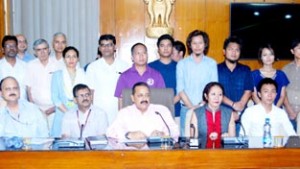 Union Minister Dr Jitendra Singh with representatives of various Northeast youth groups at a meeting held to discuss participation of Northeast students in the "Rashtriya Avishkar Abhiyan" , at New Delhi on Wednesday.