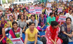 Students in protest dharna against enhanced duration of B.Ed/M.Ed courses in JU.— Excelsior/Rakesh