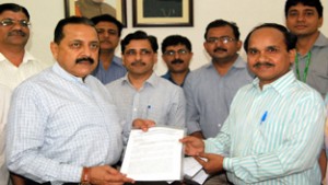 Union Minister Dr Jitendra Singh receiving a memorandum from a deputation of Central Secretariat Services Forum at New Delhi on Wednesday.